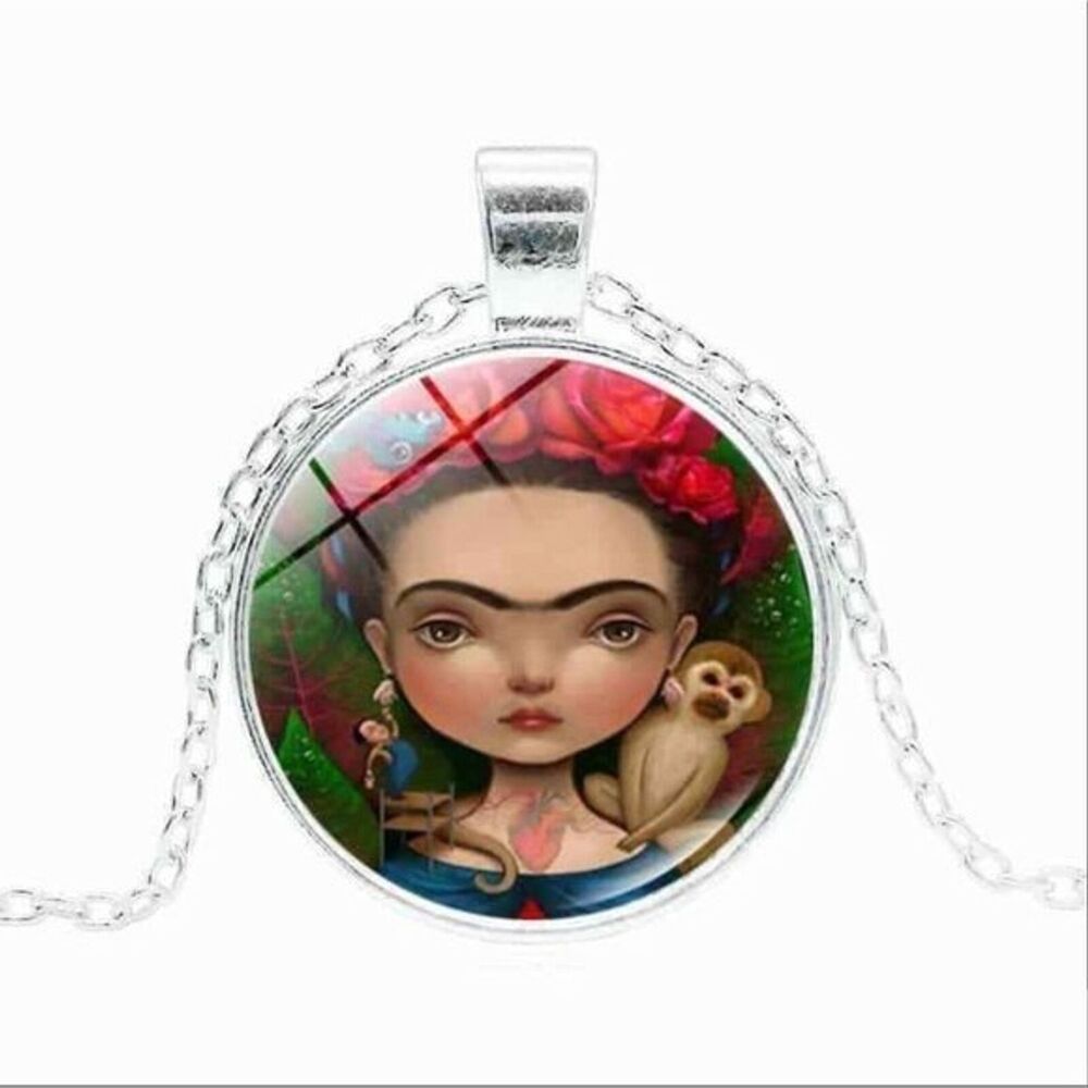Pendant Necklace "Portrait with Monkey" Frida Kahlo Art Silver-Tone